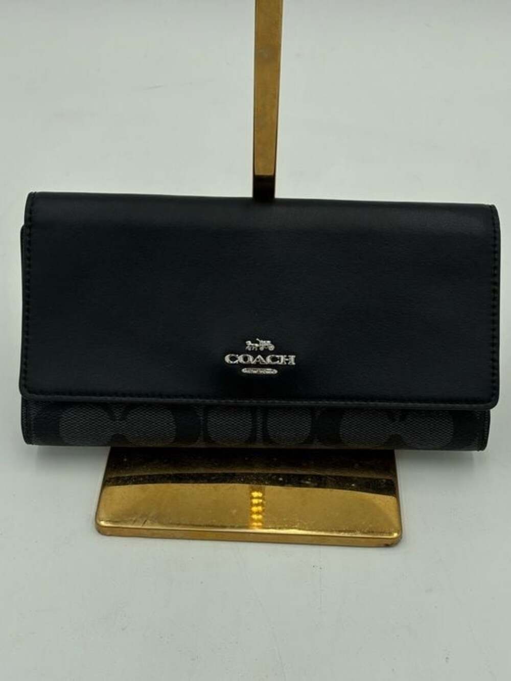 Coach Black Leather & Signature Canvas Foldover Wallet